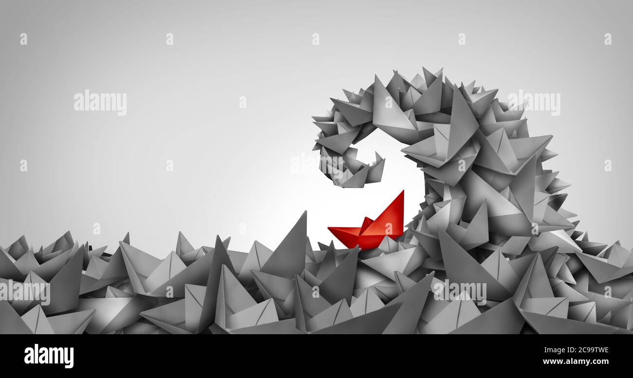 Trouble concept as a business symbol as a paper boat climbing uphill as a metaphor for struggle and overcoming obstacles and competition strategy. Stock Photo