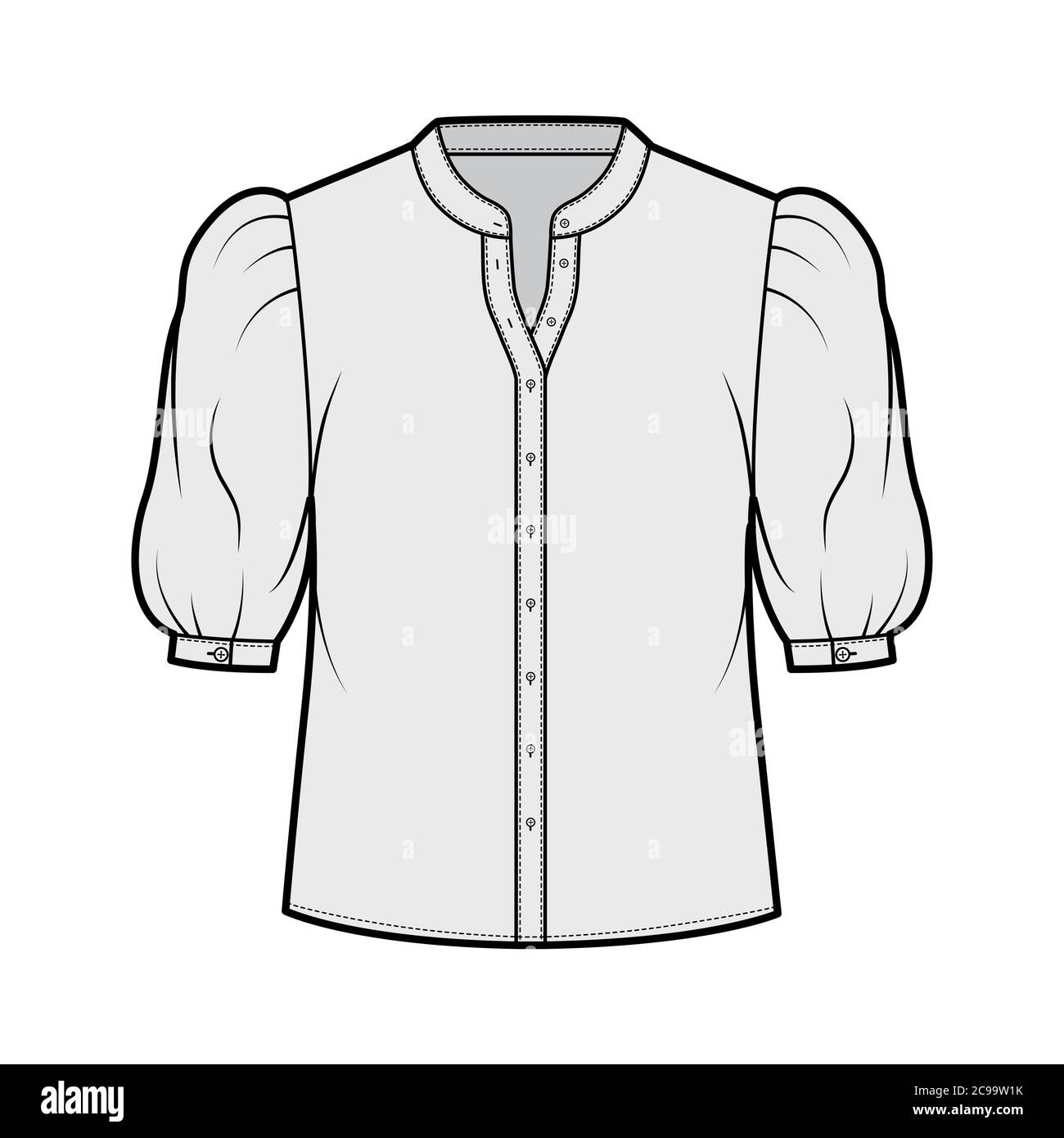 Van toepassing graan Omleiding Stand collar shirt technical fashion illustration with elbow puff sleeve,  front button-fastening, loose silhouette. Flat apparel blouse template  front grey color. Women, men unisex top CAD mockup Stock Vector Image & Art  -
