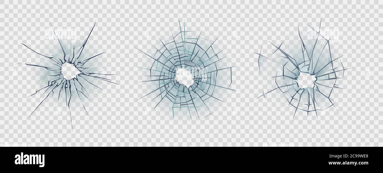 Broken glass. Set of cracked glass surface silhouette. Broken window or mirror after bullet. Vector illustration Stock Vector