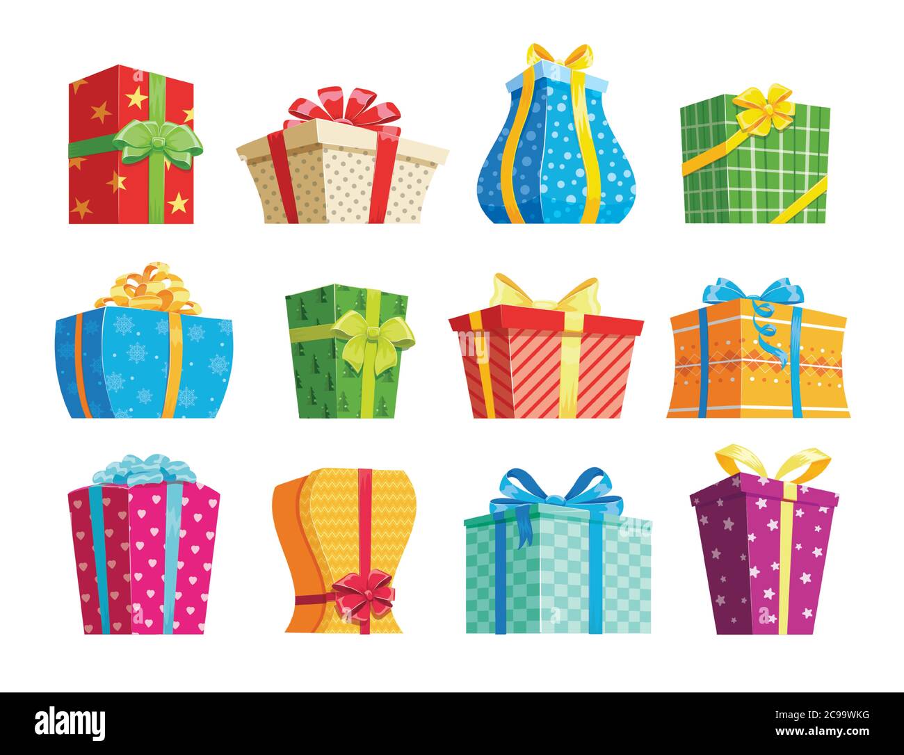 Christmas gifts. Set of colorful cartoon presents, isolated on white background. Vector illustration of cute gift boxes with ribbons. Stock Vector