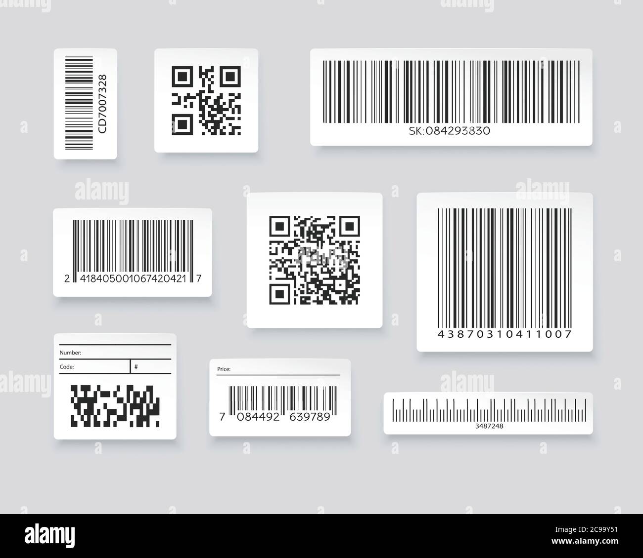 QR codes and barcode labels. Supermarket scan code bars, industrial barcode labels. Barcode label for scan, bar code sticker, vector illustration. Stock Vector