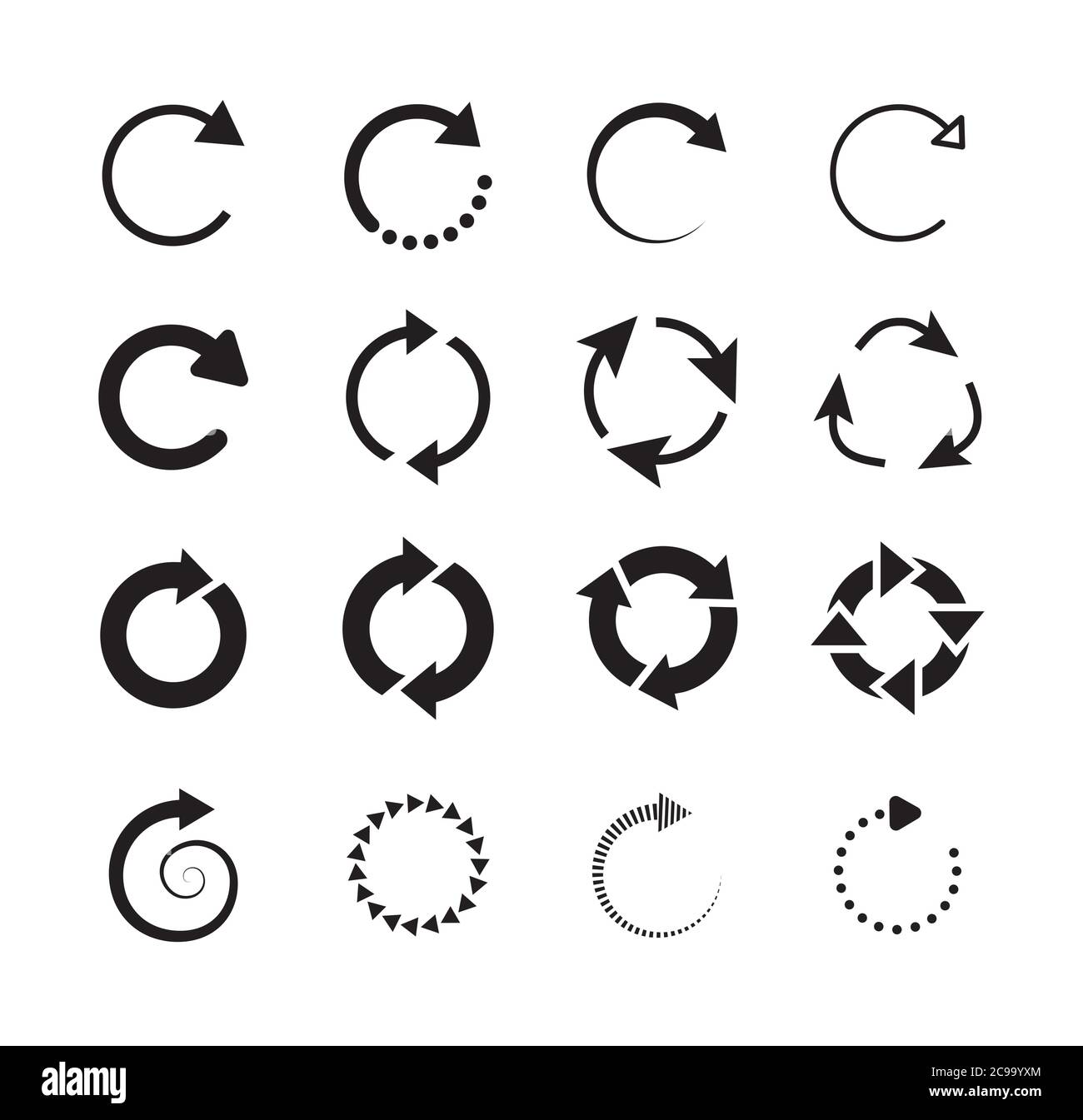 Set of circle arrows. Circled cursor web recycling progress buttons vector isolated icons. Round arrow refresh reload rotation loop sign set. Simple Stock Vector