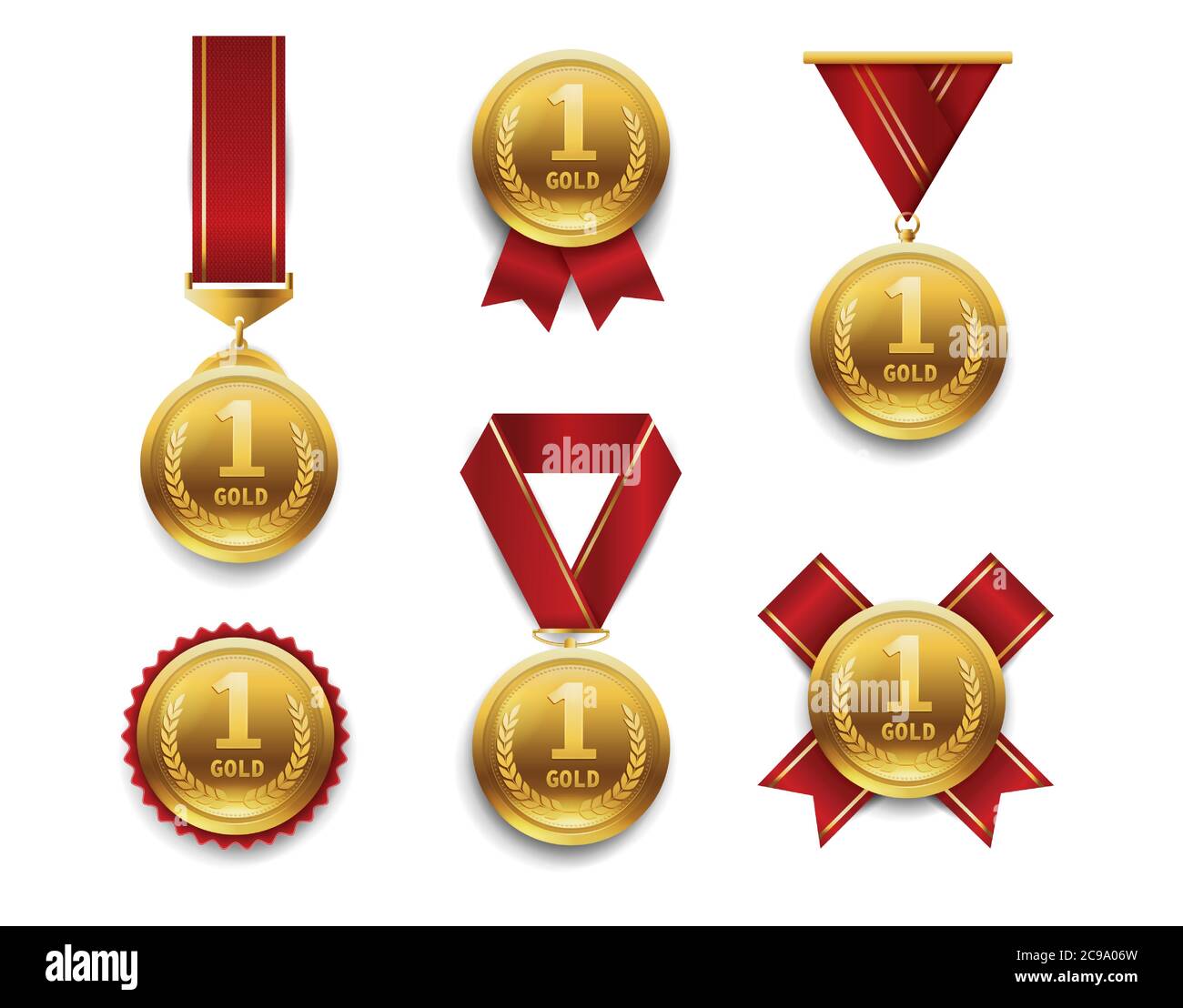 Gold medals set. Award winner trophy, 1st placement achievement. Round medal with different red ribbons. Realistic vector illustration isolated on Stock Vector