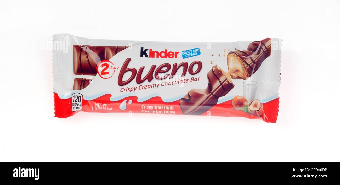 Kinder bueno crispy creamy chocolate bar by Ferrero with a hazelnut cream filled wafer covered with chocolate Stock Photo