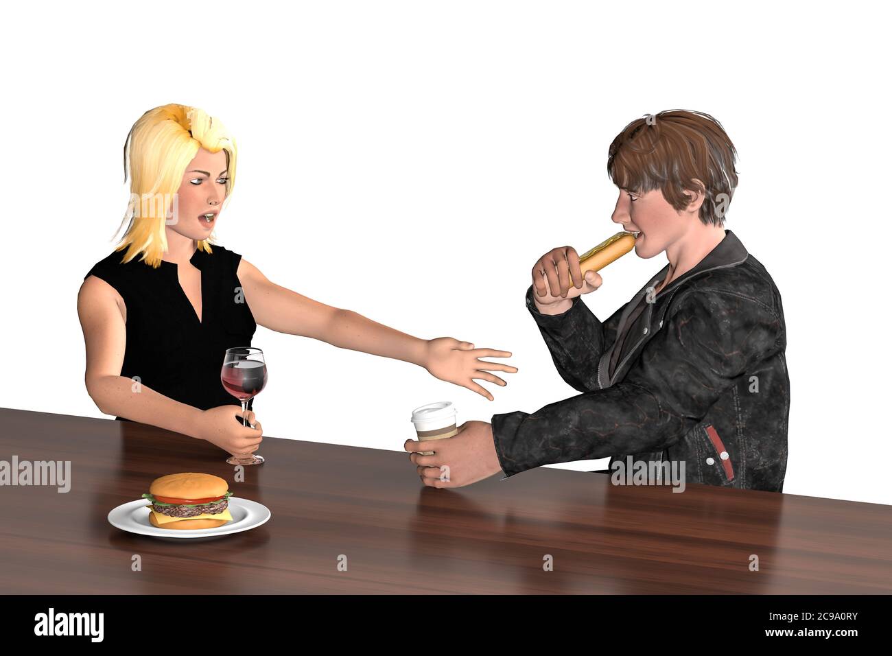 A boy with a girl at the bar table - he is eating a hotdog and she has a hamburger on the table and a glass of wine in her hand - they both are talkin Stock Photo