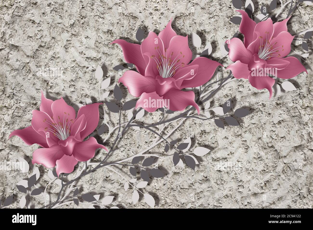 3d wallpaper, magnolia flowers on rough plaster wall Stock Photo