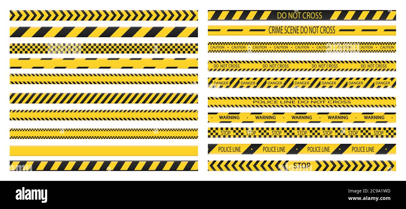 Police tape. Set of danger caution tapes. Do not cross, police, crime danger line, bright yellow official crime scene barrier tape. Vector flat style Stock Vector