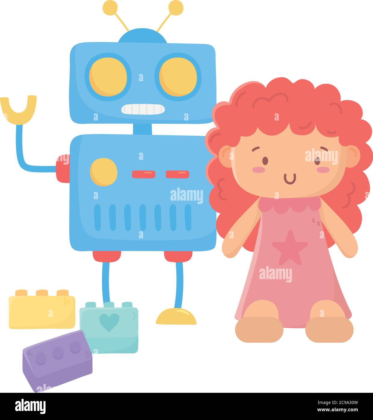 Kids Toys Object Amusing Cartoon Cute Doll Robot And Blocks Vector Illustration Stock Vector Image Art Alamy