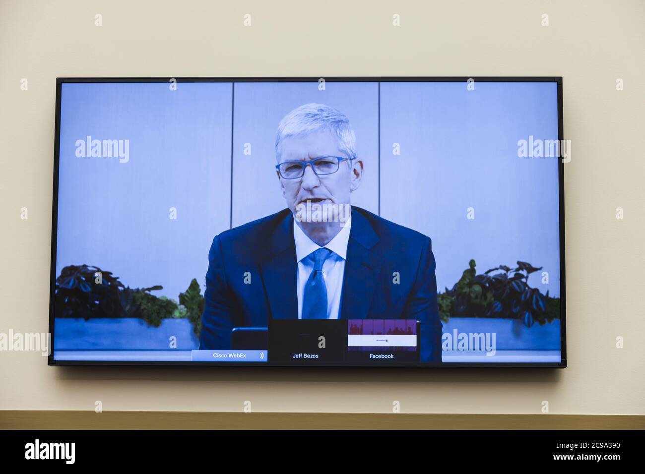 Apple CEO Tim Cook speaks via video conference during an Antitrust,  Commercial and Administrative Law Subcommittee hearing, on Capitol Hill, in  Washington, Wednesday, July 29, 2020, on "Online platforms and market power.