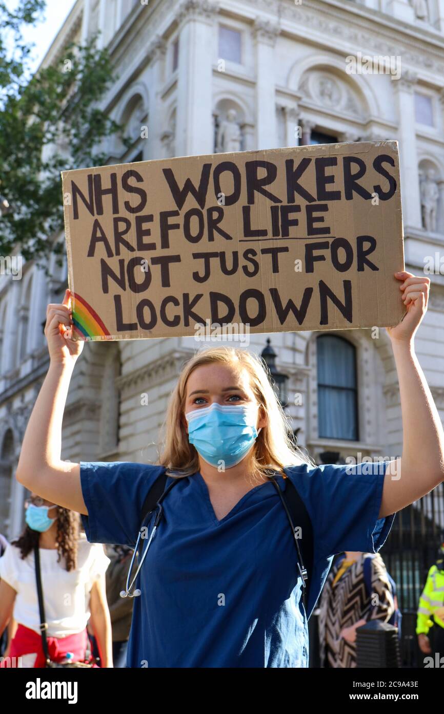 LONDON, ENGLAND, JULY 29 2020, NHS staff protest outside Downing Street ...