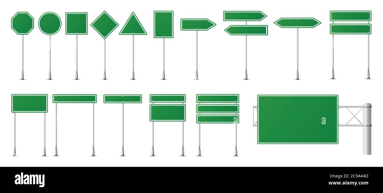Set of green road signs. Blank traffic road, empty, warning, caution