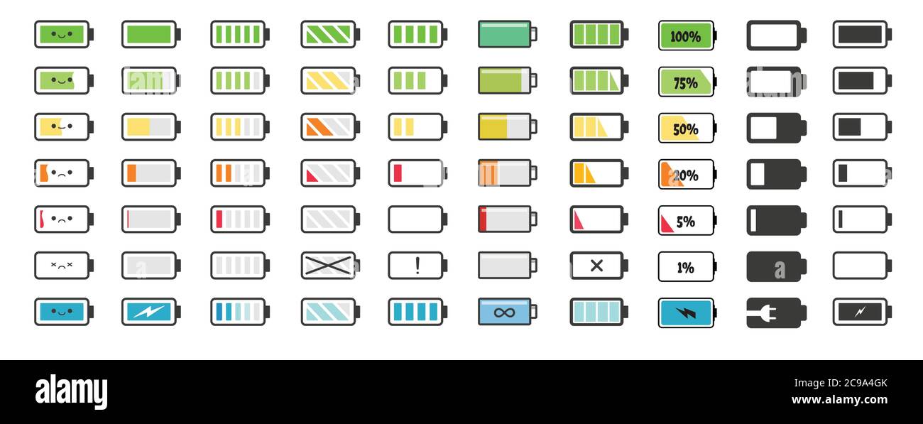 Battery charge indicator icons. Indicator of charging empty batteries and low battery power icon. Icons set for design of the interface of smartphone Stock Vector