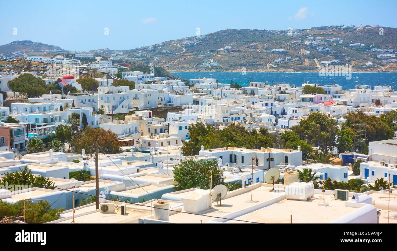 Panoramic view of Mykonos (Chora) town in Mykonos island, Greece Stock Photo