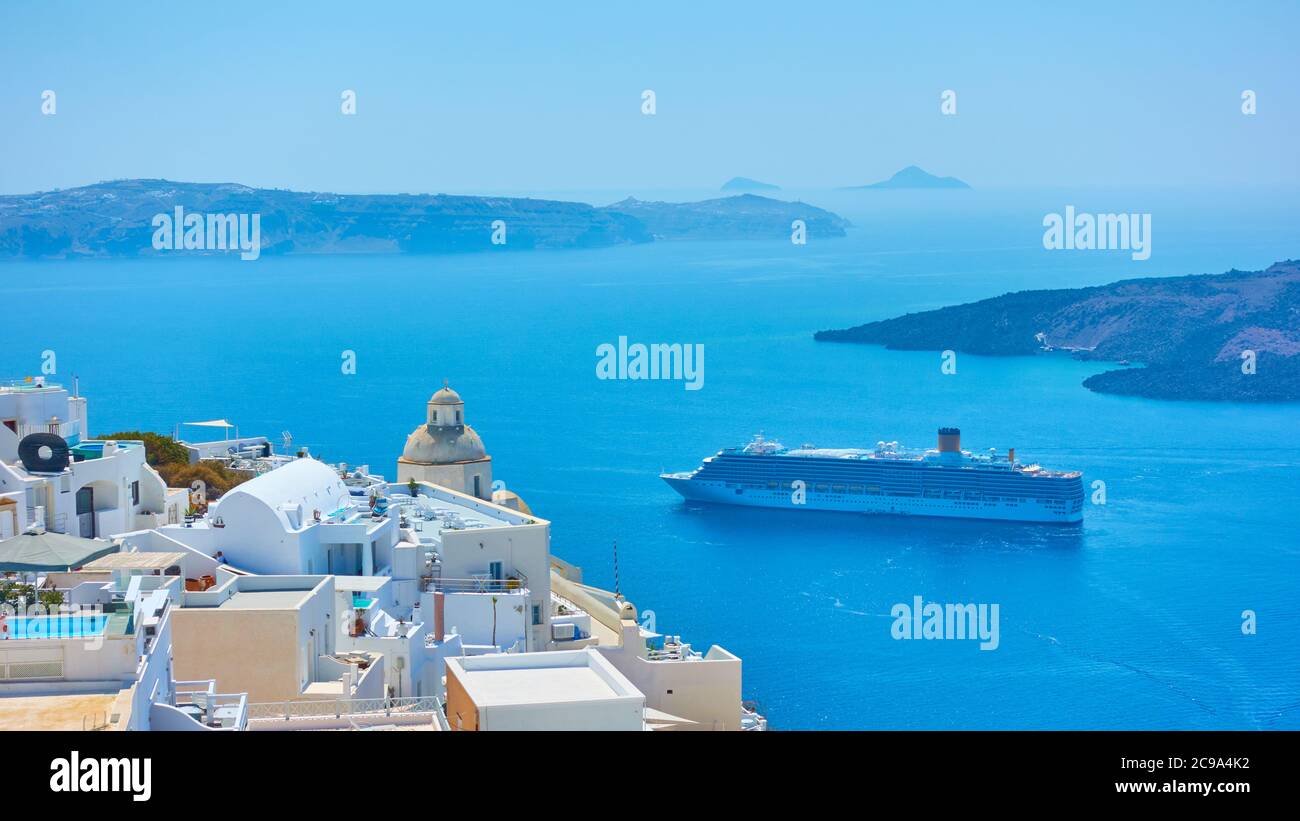 The Sea and Fira town on the coast of Santorini island in Greece. Greek landscape Stock Photo