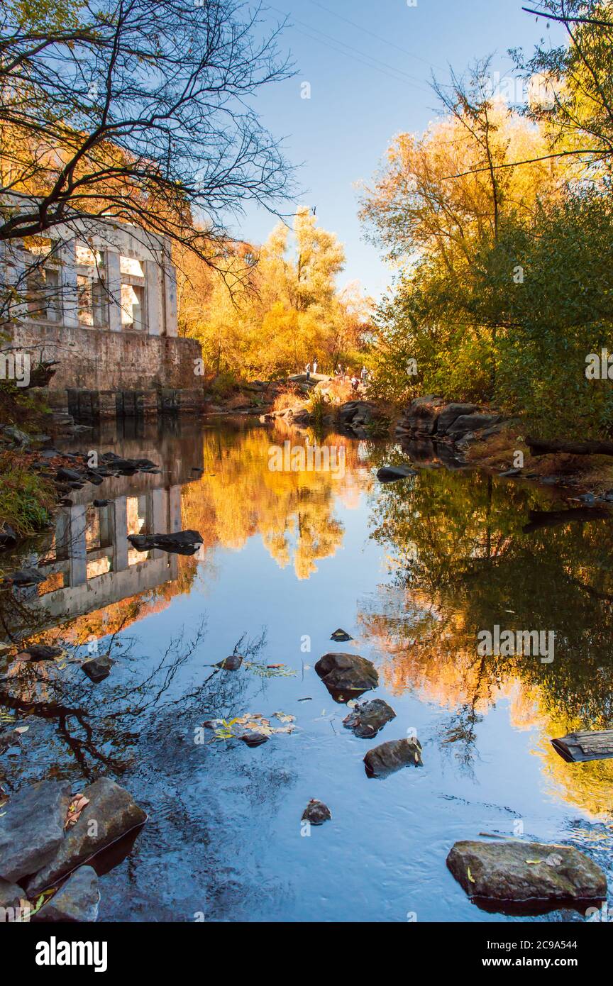 River in a delightful autumn forest with abandoned building at sunny day.  Autumn forest landscape among yellow and orange trees, beauty of nature  Stock Photo - Alamy