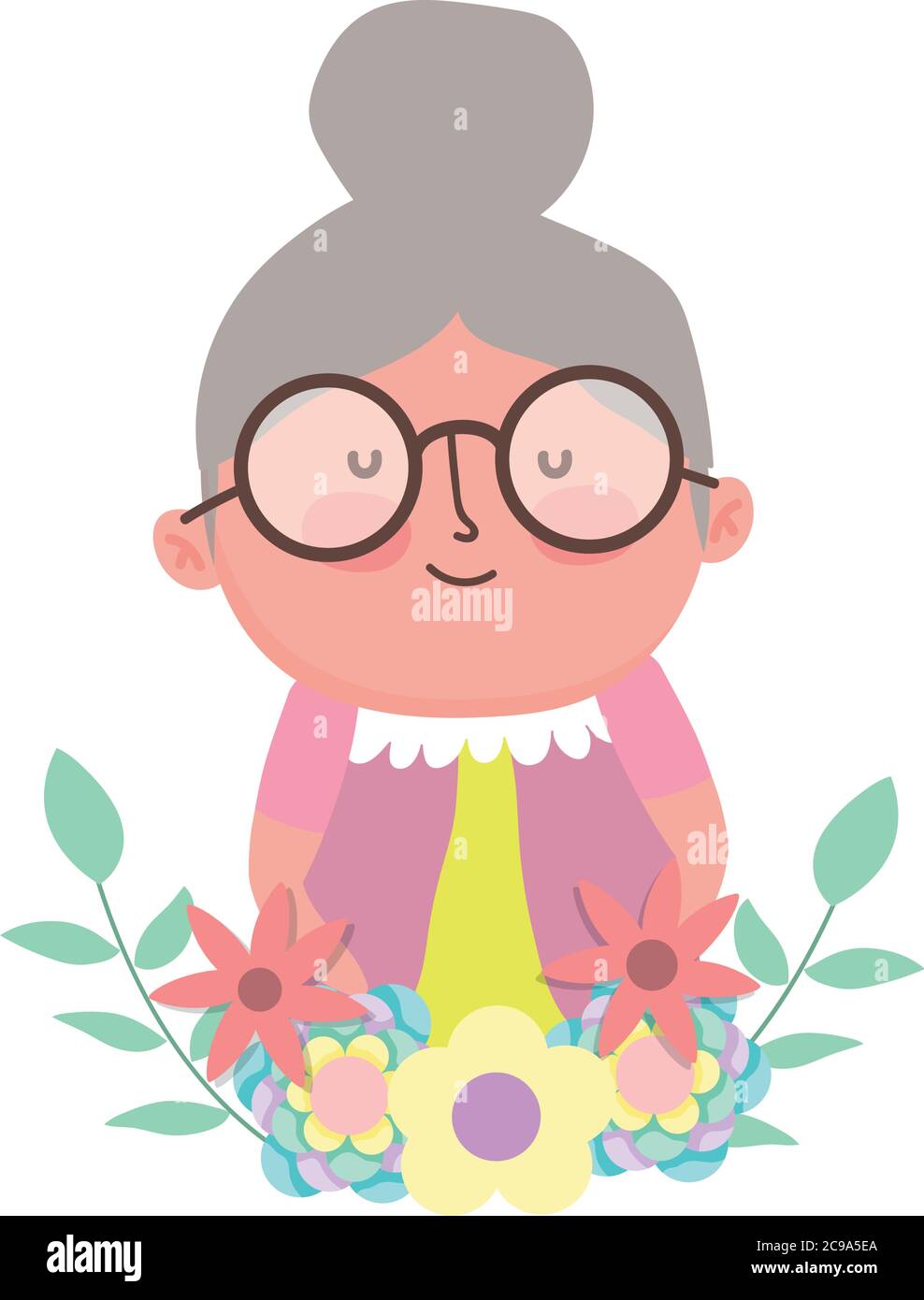 grandparents day, cute granny cartoon character flowers foliage decoration vector illustration Stock Vector