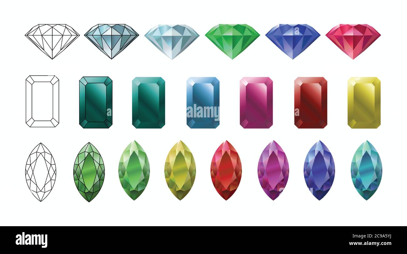 Jewels set. Vector illustration set of precious stones of different cuts and colors. Stock Vector