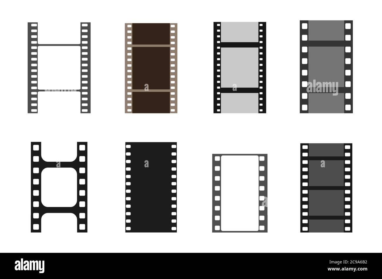Set of film vector stripes. Cinema monochrome border celluloid tape, media empty image photo video vintage frame. Stock Vector