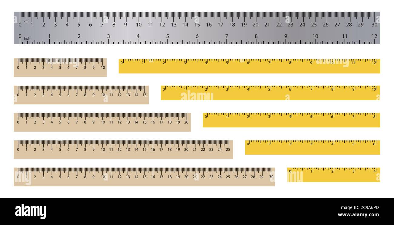 Realistic rulers. Measuring tool. School supplies. Double sided measurement in cm and inches. Vector illustration Stock Vector