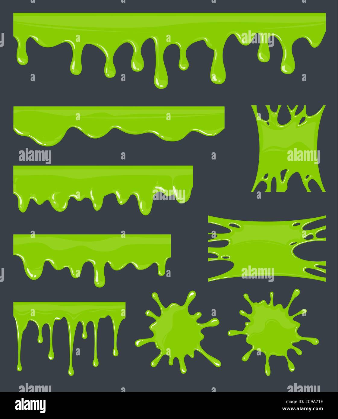 Green slime. Halloween ooze, mucus isolated vector set. Illustration of splatter and dribble, spot and drop, slime and blob. Stock Vector