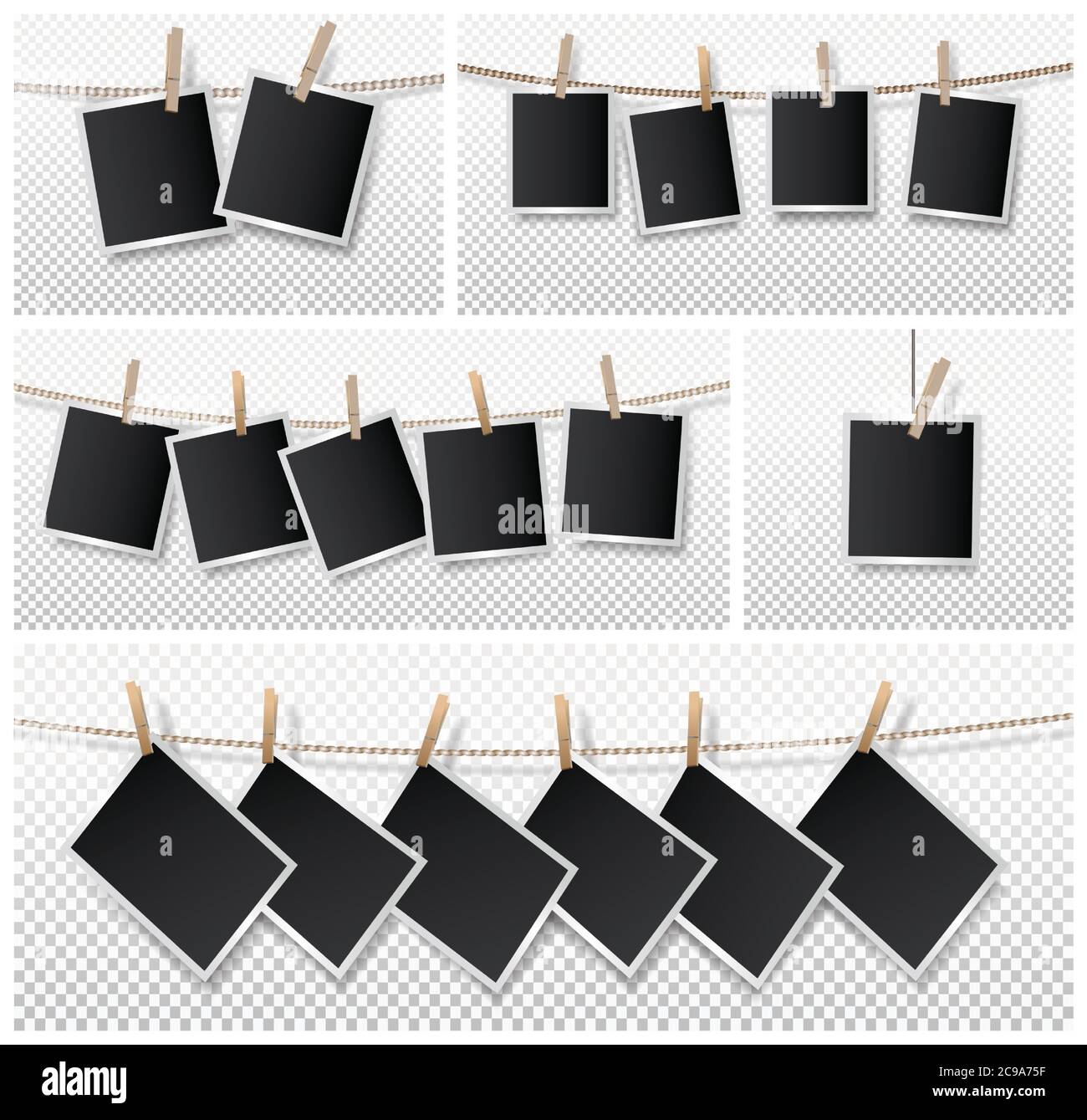Set of blank photo frame set hanging on rope. Realistic detailed photo icon design template. Vector illustration isolated on transparent background. Stock Vector
