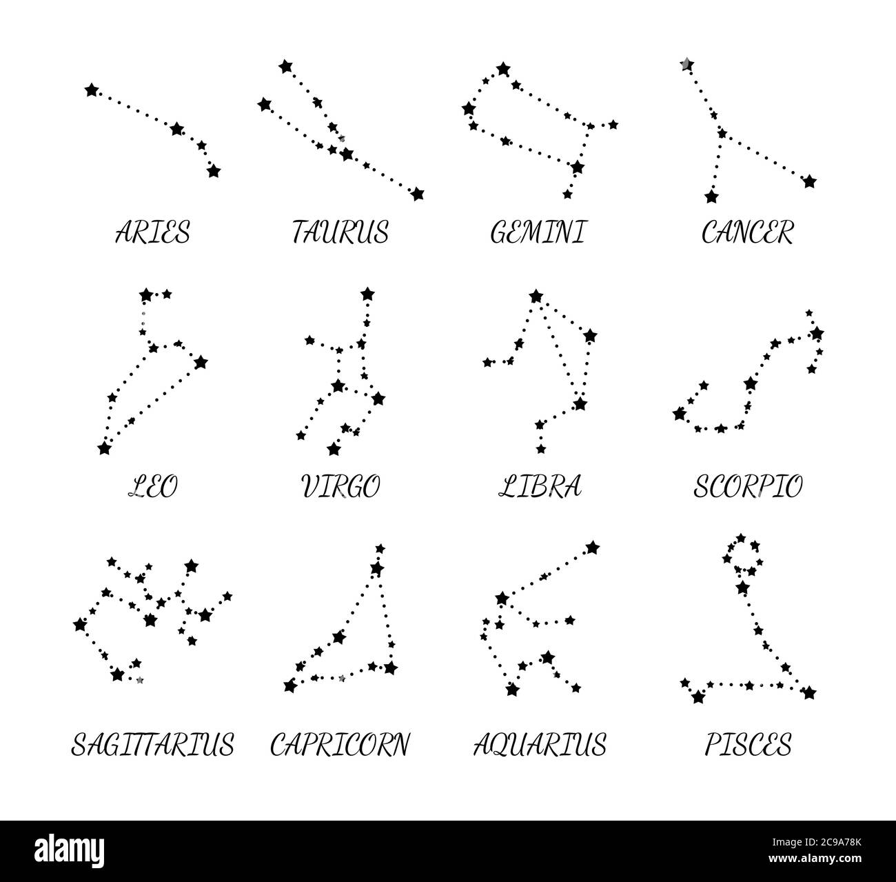Zodiac constellations. Aries, Taurus, Leo, Gemini, Virgo, Scorpio, Libra, Aquarius, Sagittarius, Pisces, Capricorn, Cancer. Vector, isolated on white Stock Vector