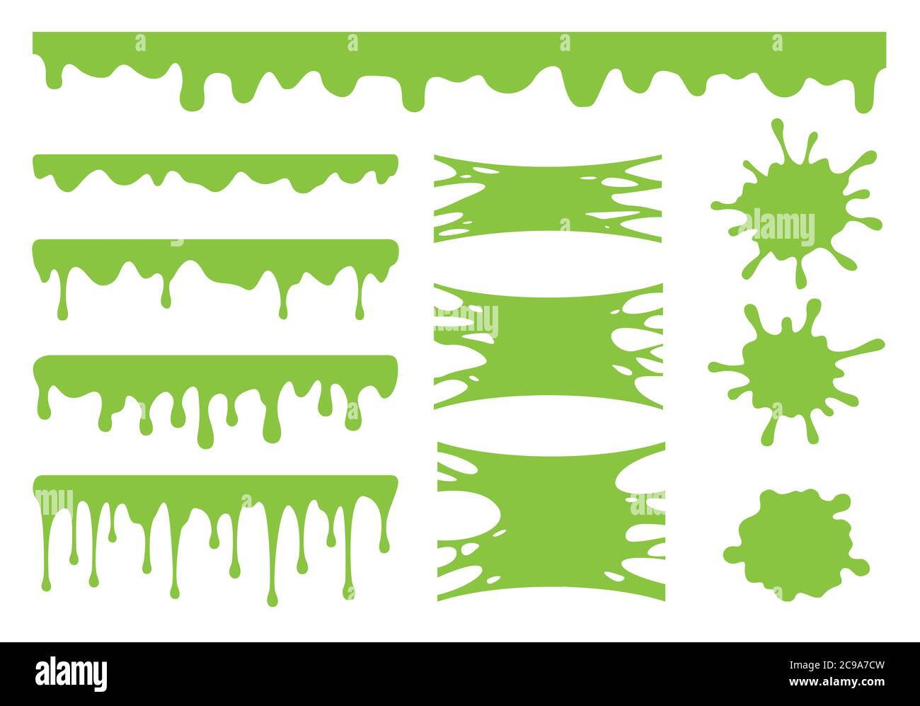 Slime vector set. Green dirt splat, goo dripping splodges of slime. Collection of blots, splashes and smudges isolated on white background. Stock Vector