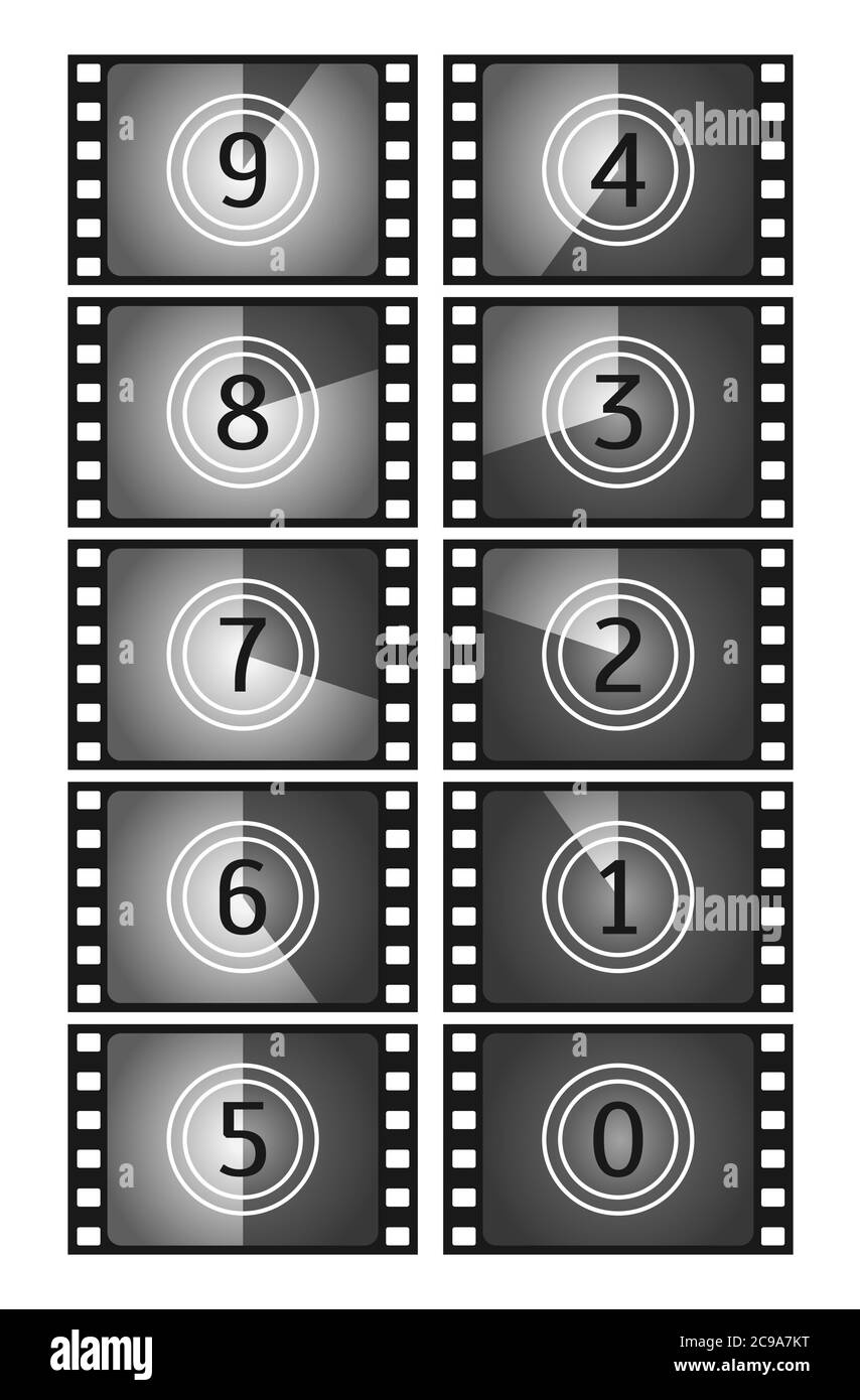 Movie countdown frame. Vintage silent film and blank full frame still photography film. Old film movie timer count. Vector illustration. Stock Vector