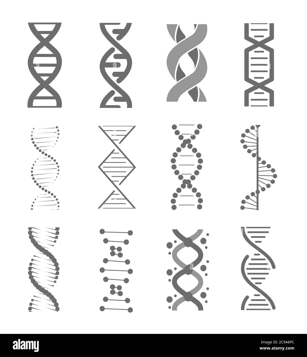 Human dna research technology symbols. Adn helix structure, genomic model and human genetics code. Vector isolated illustration set Stock Vector