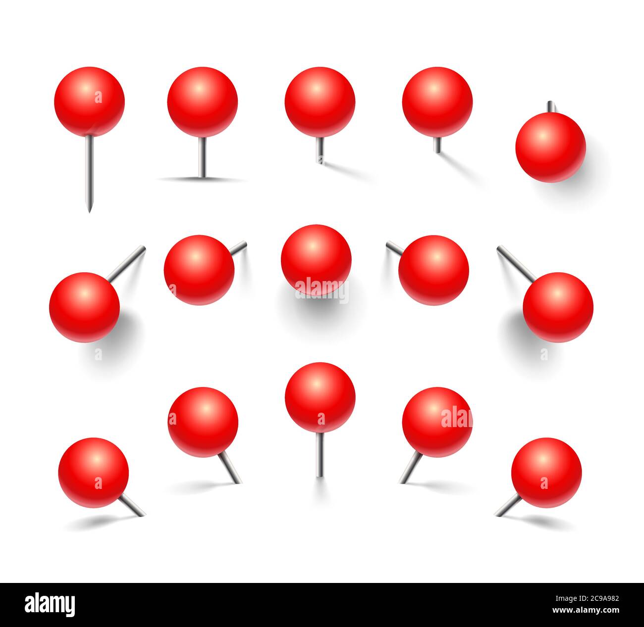 Set of red push pins. Pins pierced at different heights and different views. Vector illustration isolated on white background. Stock Vector