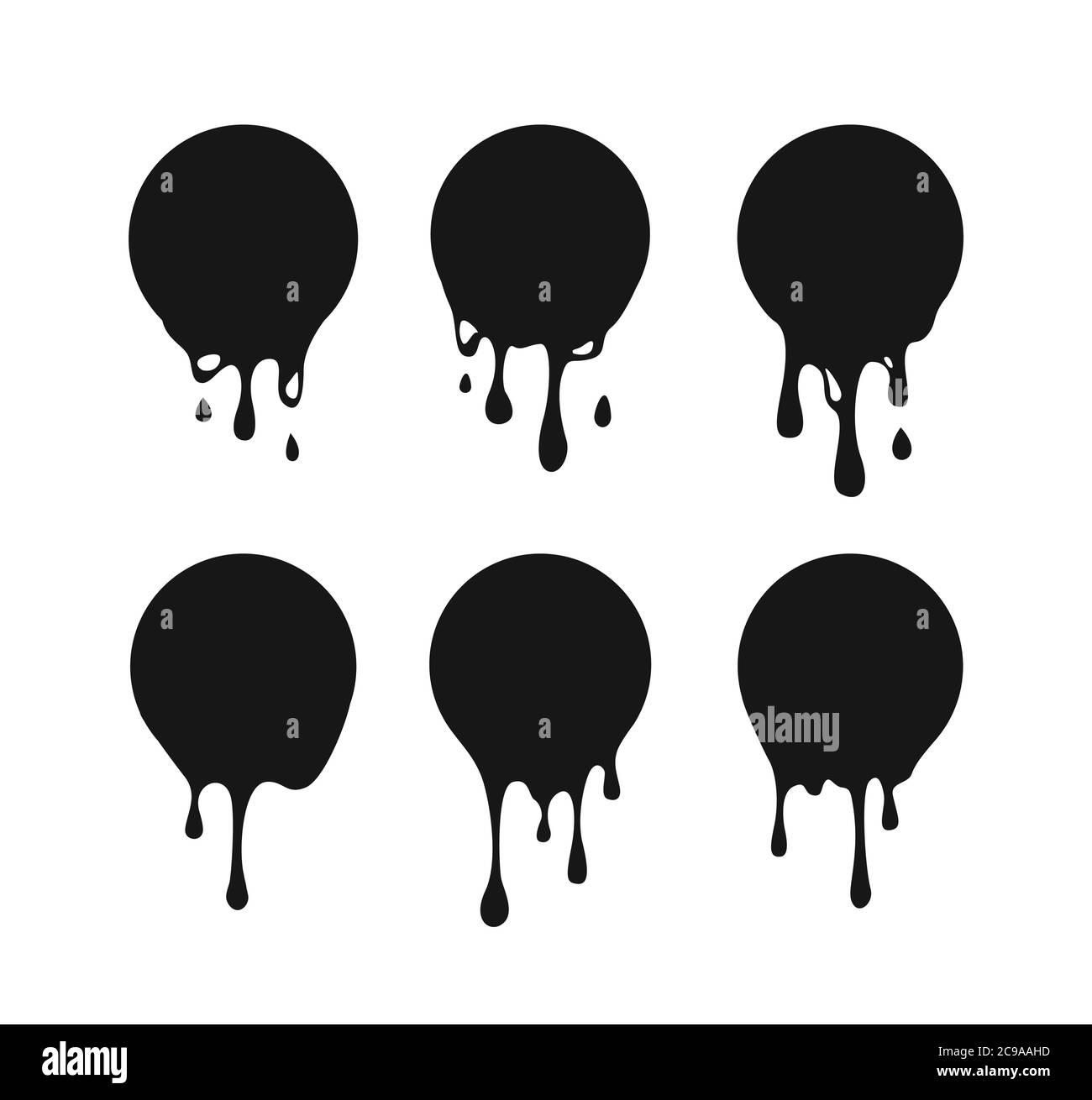 Dripping circle paint. Drip drops, round spots, splash shapes, ink paint leak or circle liquid black stains isolated collection. Vector illustration. Stock Vector