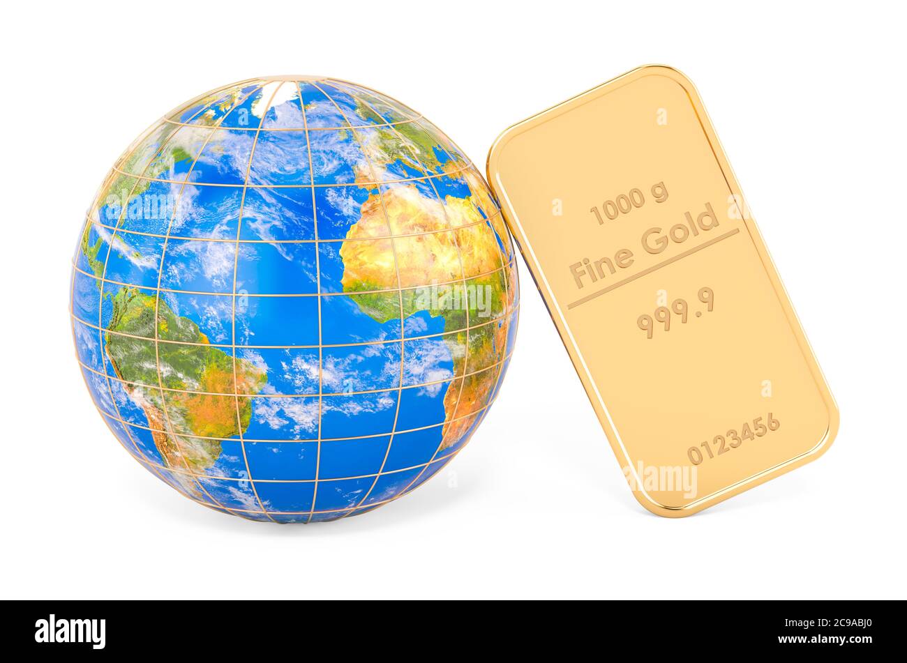 Gold ingots with Earth Globe, 3D rendering isolated on white background ...
