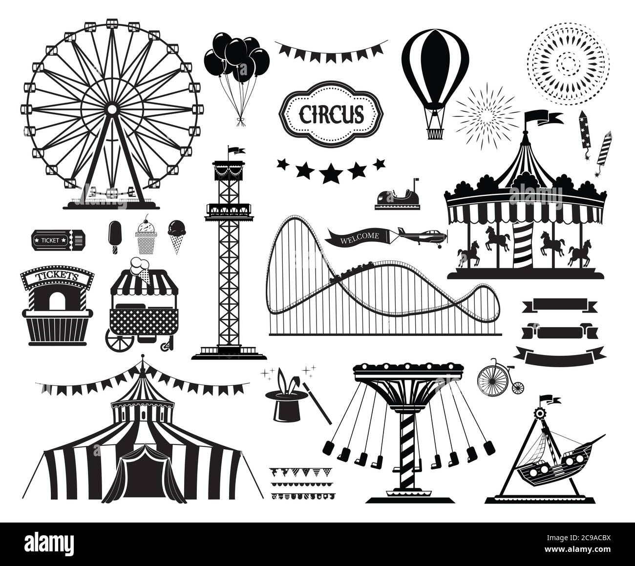 Set of silhouette icons of circus, amusement park. Carnival parks carousel attraction, fun rollercoaster and ferris wheel attractions. Stock Vector