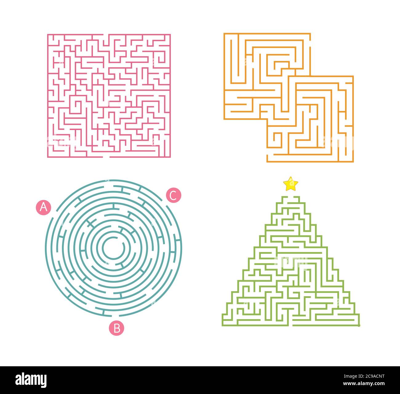 Set of 4 maze. Labyrinth shape design element. Simple round, square and triangularmaze labyrinth game for kids. Entry and exit. Children puzzle game. Stock Vector