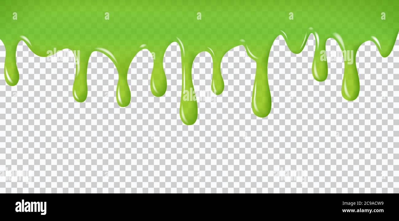 Realistic dripping slime. Green paint drips and flowing. Radioactive splashes liquid and blobs for halloween design isolated on transparent background Stock Vector