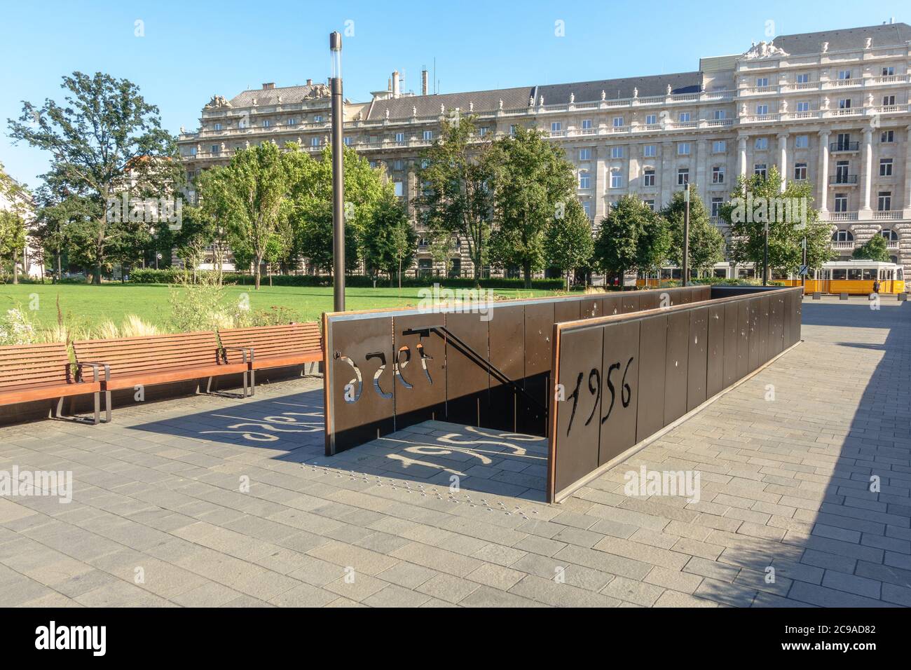 The entrance to the new underground memorial to the 1956 Hungarian Revolution on Kossuth ter in front of parliament in Budapest Stock Photo