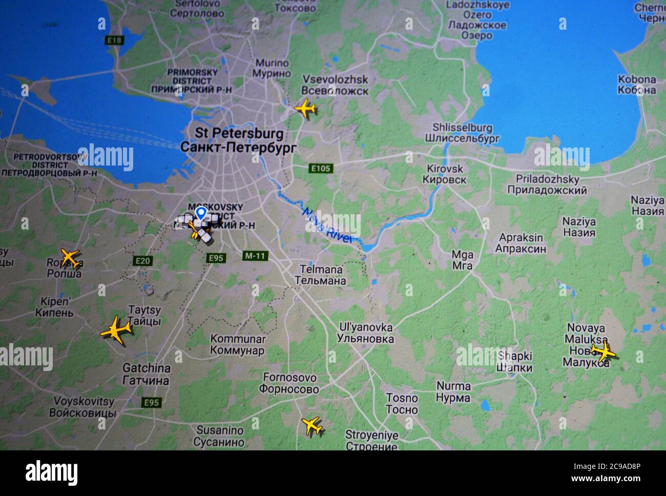 air traffic over Saint Petersburg, Russia (29 july 2020, UTC 12.04) on Internet with Flightradar 24 site, during the Coronavirus Pandemic Stock Photo