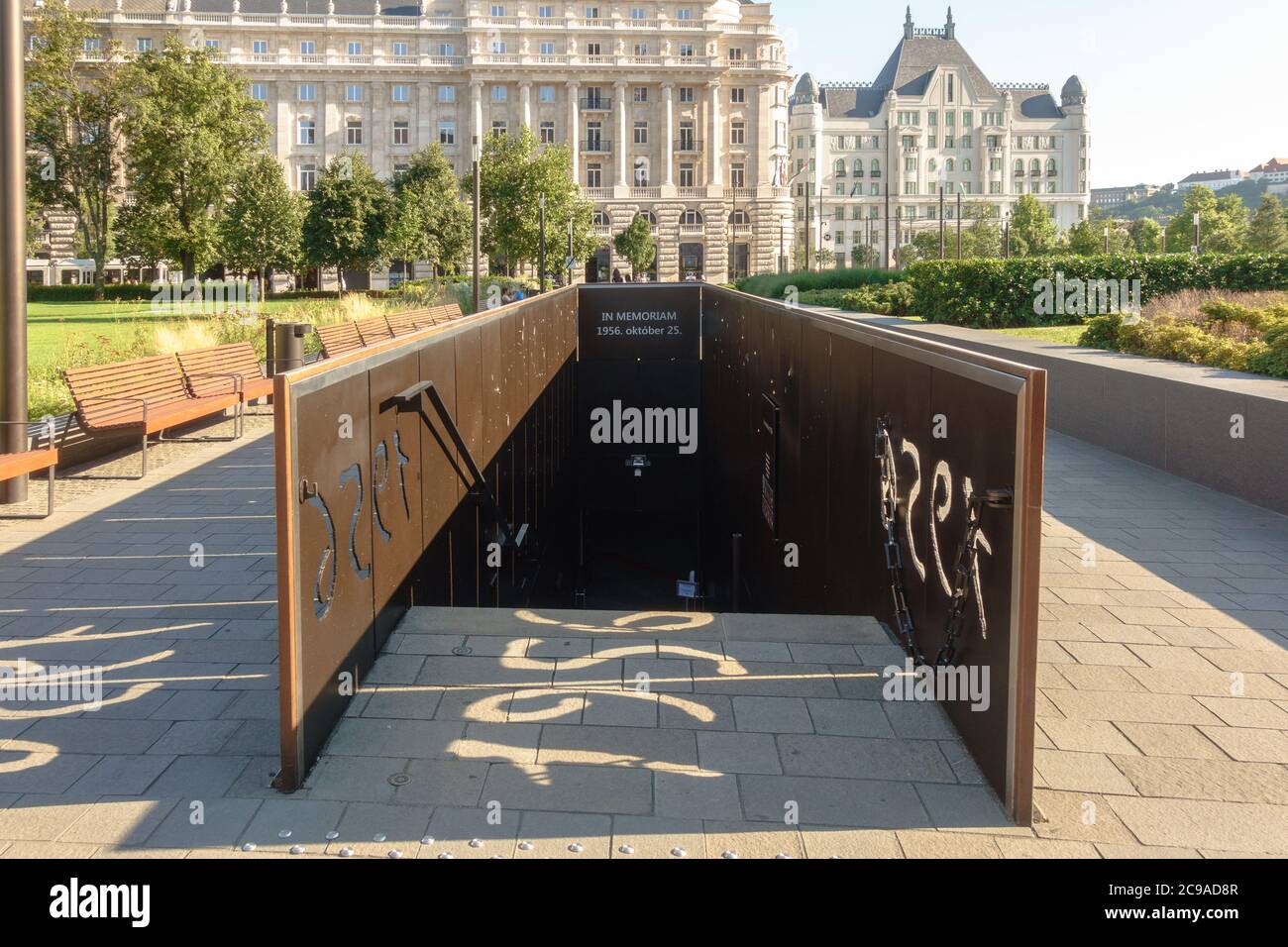 The entrance to the new underground memorial to the 1956 Hungarian Revolution on Kossuth ter in front of parliament in Budapest Stock Photo