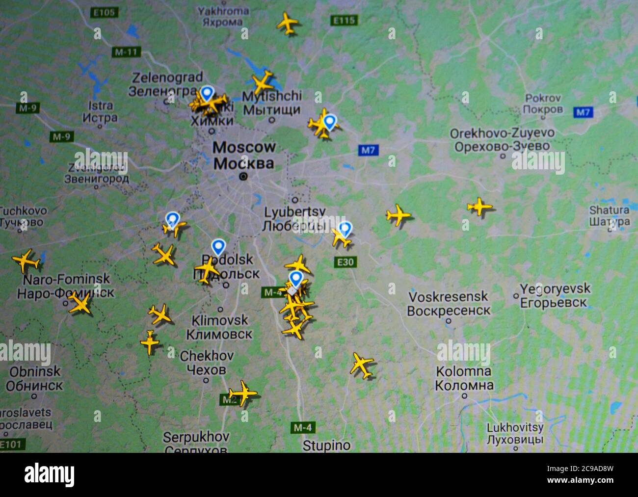 air traffic over Moscow, Russia (29 july 2020, UTC 12.02), on Internet with Flightradar 24 site, during the Coronavirus Pandemic Stock Photo