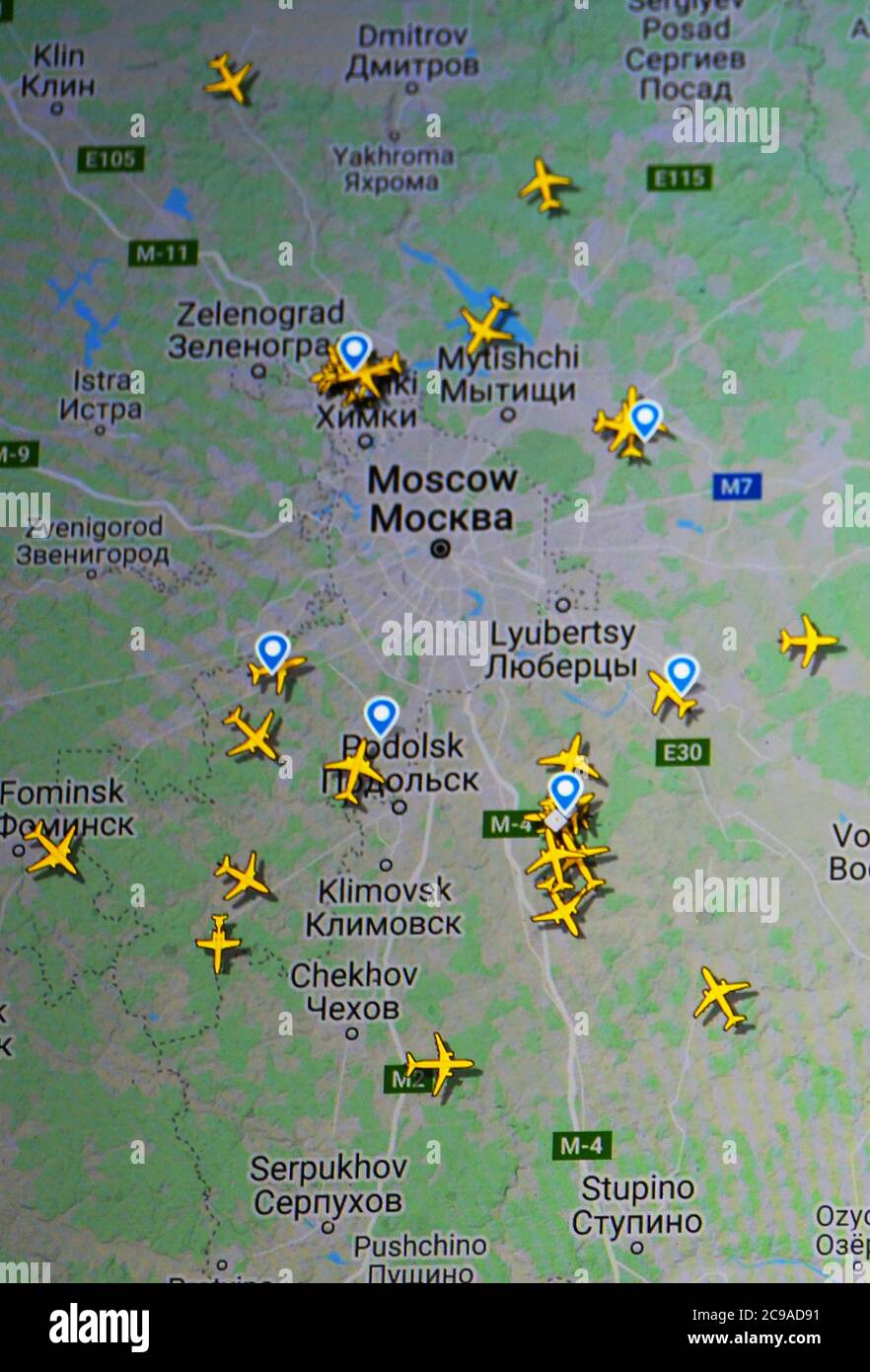 air traffic over Moscow, Russia (29 july 2020, UTC 12.02) on Internet with Flightradar 24 site, during the Coronavirus Pandemic Stock Photo