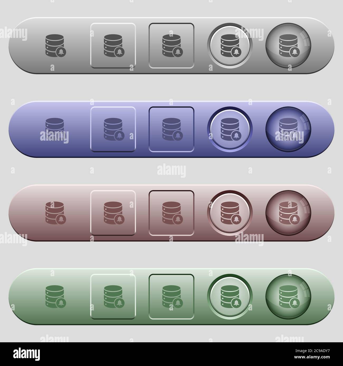 Database notifications icons on rounded horizontal menu bars in different colors and button styles Stock Vector