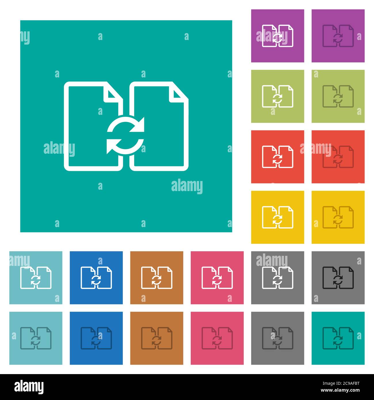 Swap documents multi colored flat icons on plain square backgrounds. Included white and darker icon variations for hover or active effects. Stock Vector