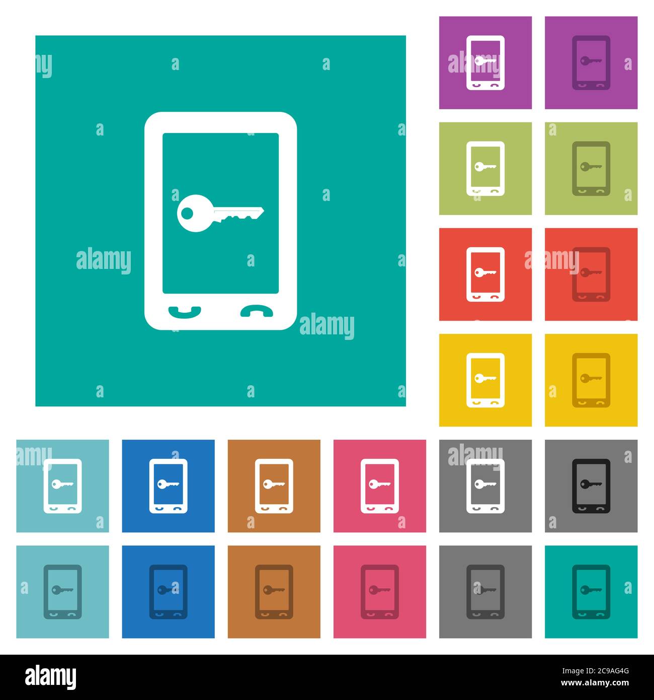 Mobile secure multi colored flat icons on plain square backgrounds. Included white and darker icon variations for hover or active effects. Stock Vector