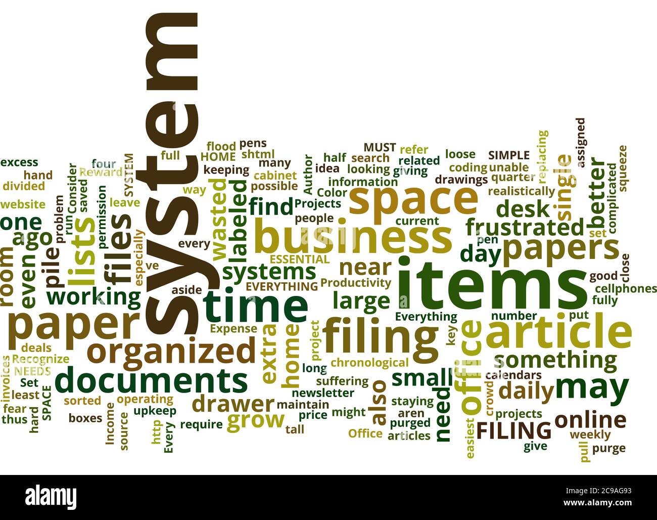 Word Cloud Summary Of Organize Your Office And Improve Productivity Article Stock Photo Alamy