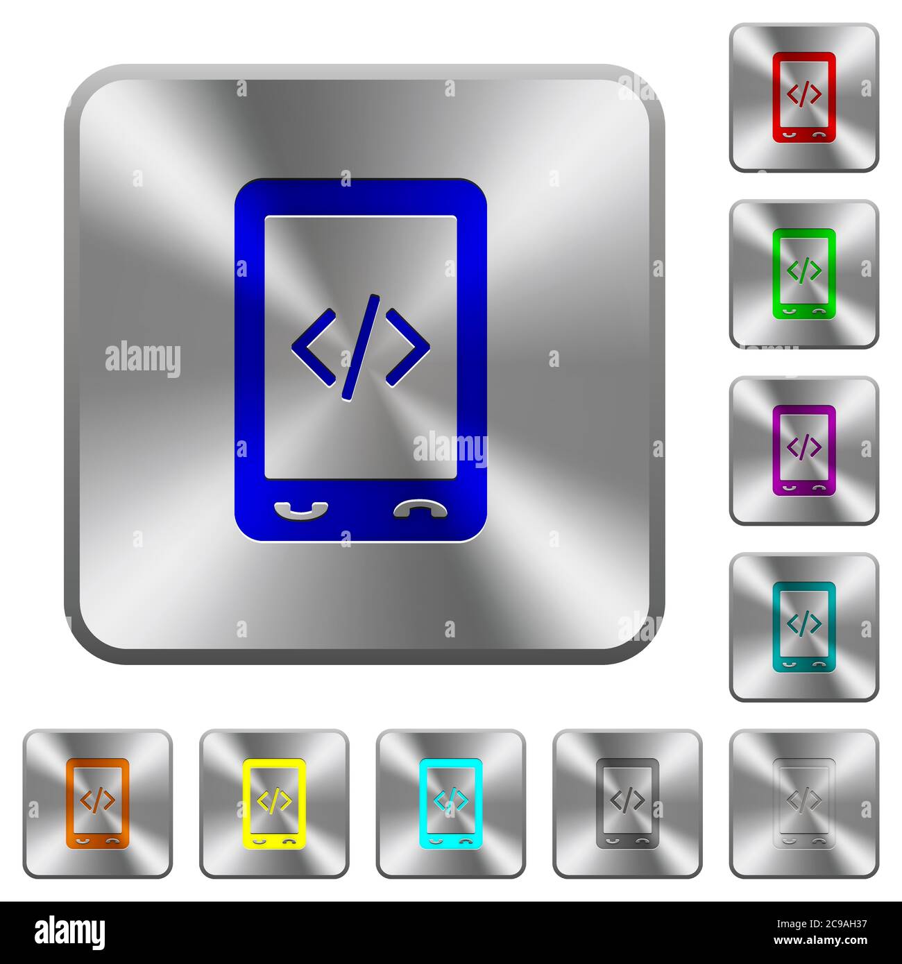 Mobile scripting engraved icons on rounded square glossy steel buttons Stock Vector