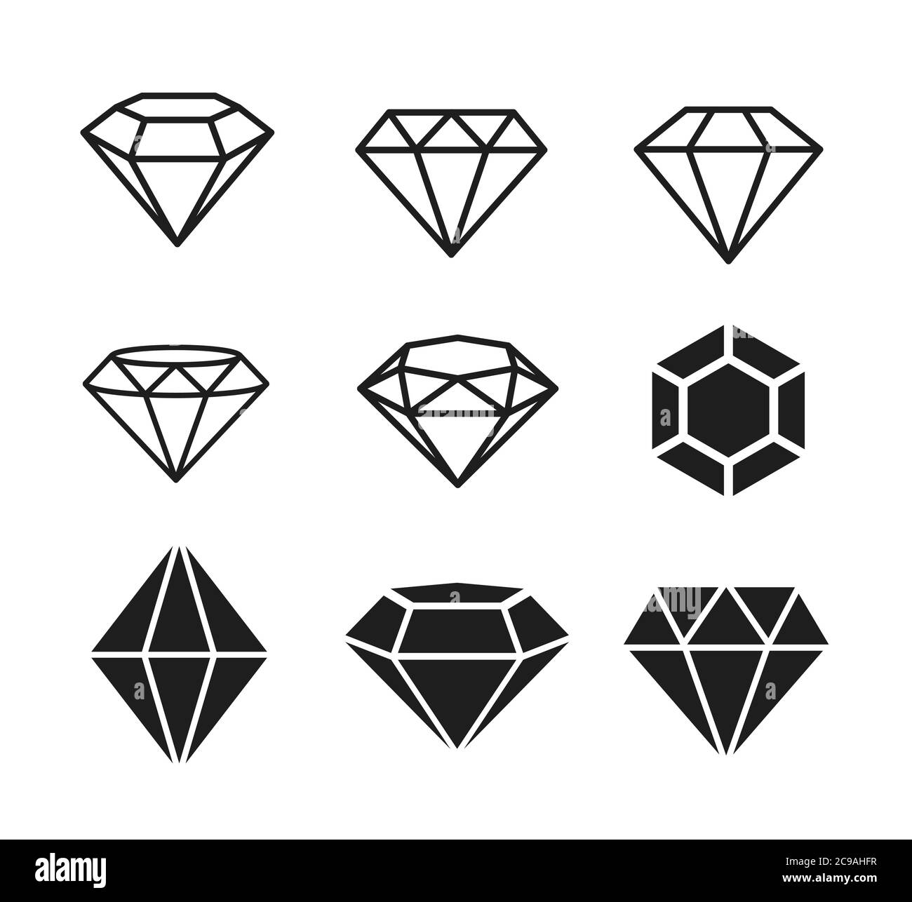 A set of diamonds in a flat style. Abstract black diamond collection icons. Linear outline sign. Vector icon logo design diamonds. Stock Vector