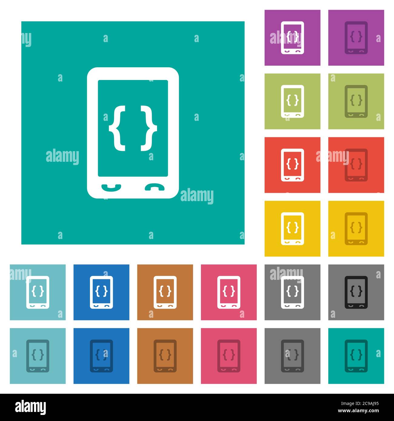 Mobile software development multi colored flat icons on plain square backgrounds. Included white and darker icon variations for hover or active effect Stock Vector