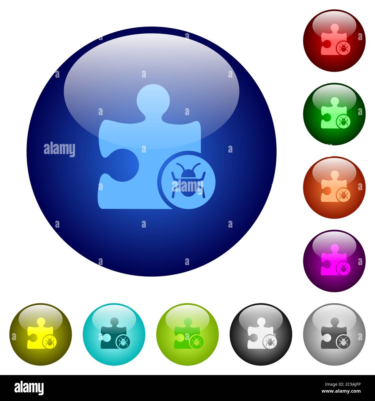 Plugin bug icons on round color glass buttons Stock Vector