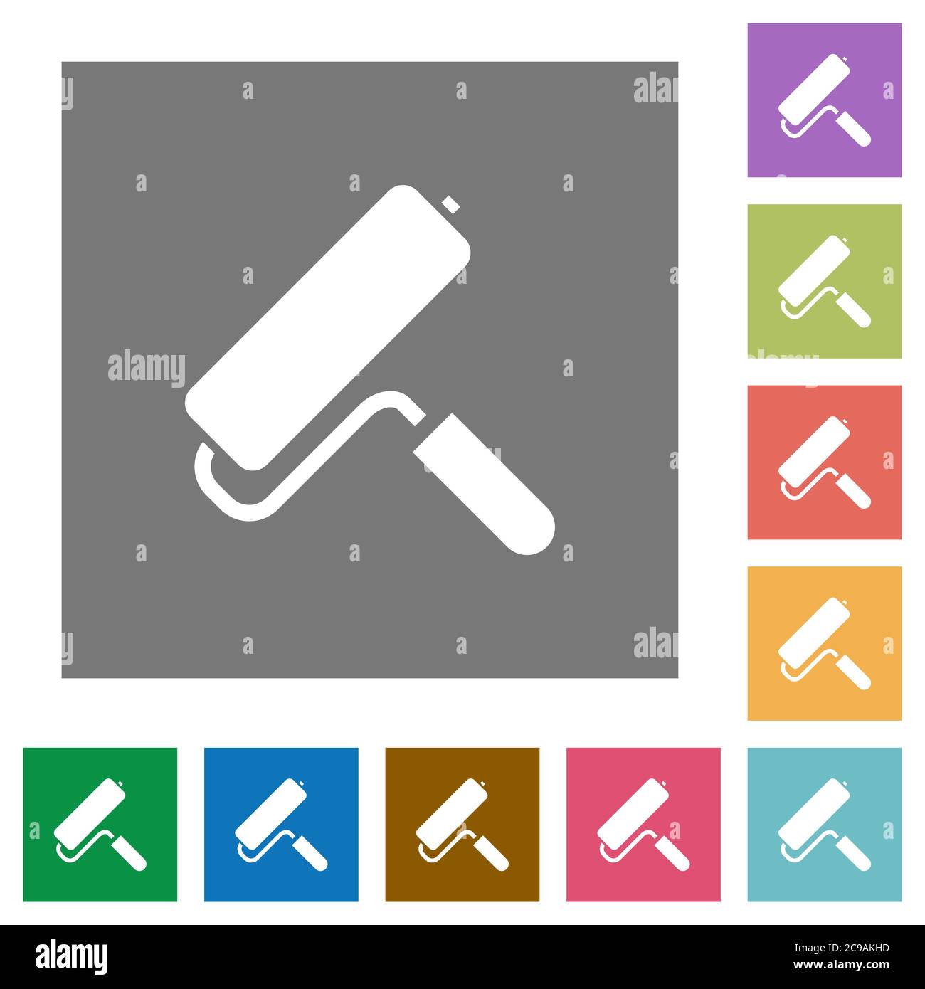 Paint roller flat icons on simple color square backgrounds Stock Vector