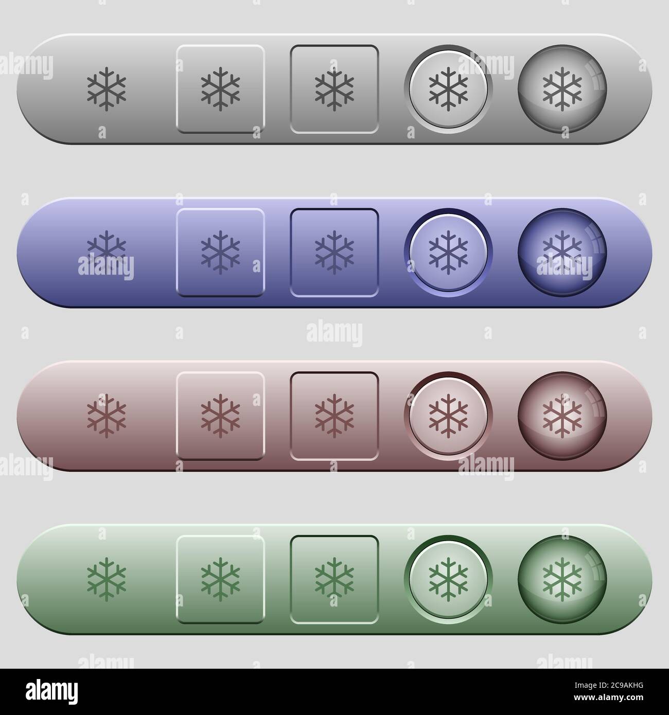 Single snowflake icons on rounded horizontal menu bars in different colors and button styles Stock Vector